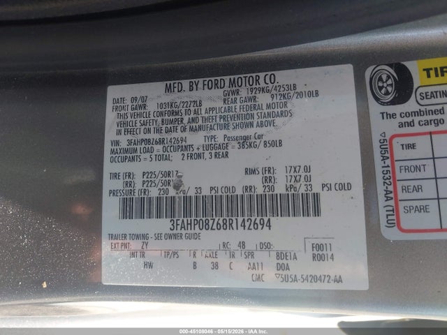 Auction sale of the 2008 Ford Fusion Sel, vin: 3FAHP08Z68R142694, lot number: 45108046