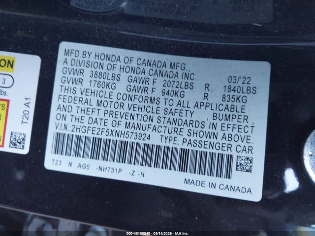 2022 Honda Civic Sport მანქანა იყიდება აუქციონზე, vin: 2HGFE2F5XNH573924, აუქციონის ნომერი: 45108049