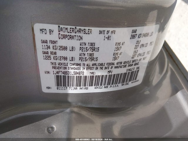 2001 Jeep Cherokee Sport მანქანა იყიდება აუქციონზე, vin: 1J4FT48S31L584872, აუქციონის ნომერი: 45108063