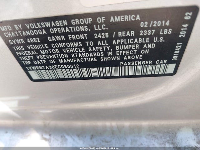 Aukcja sprzedaży 2014 Volkswagen Passat 2.0l Tdi Se, vin: 1VWBN7A30EC080012, numer aukcji: 45108065