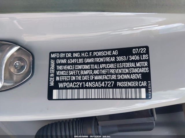 Продаж на аукціоні авто 2022 Porsche Taycan Turbo/turbo S, vin: WP0AC2Y14NSA54727, номер лоту: 45108068