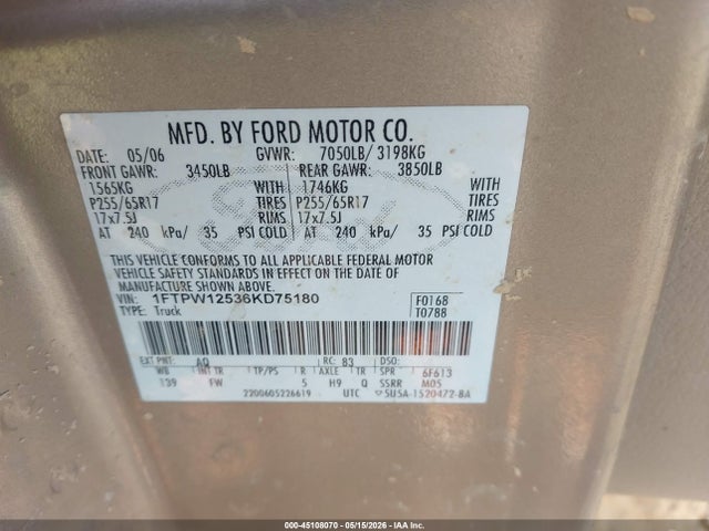 2006 Ford F-150 Lariat/xlt მანქანა იყიდება აუქციონზე, vin: 1FTPW12536KD75180, აუქციონის ნომერი: 45108070