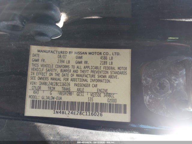 Продаж на аукціоні авто 2008 Nissan Altima 3.5 Se, vin: 1N4BL24E28C116026, номер лоту: 45108076