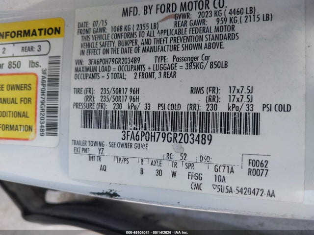 45108081 :رقم المزاد ، 3FA6P0H79GR203489 vin ، 2016 Ford Fusion Se مزاد بيع