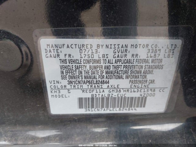Aukcja sprzedaży 2014 Nissan Versa 1.6 Sv, vin: 3N1CN7AP6EL824844, numer aukcji: 45108098