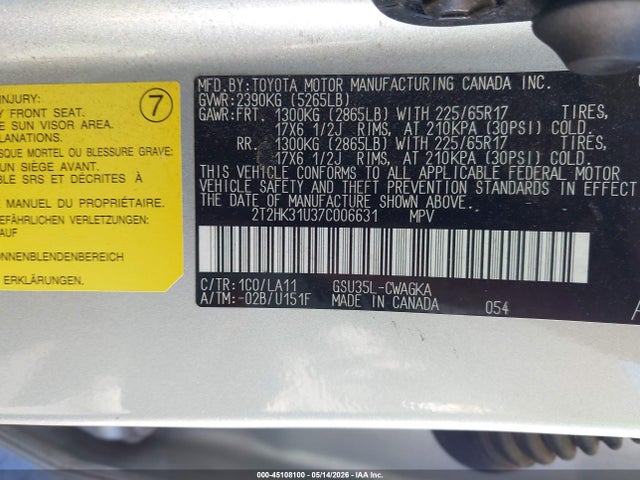 45108100 :رقم المزاد ، 2T2HK31U37C006631 vin ، 2007 Lexus Rx 350 مزاد بيع