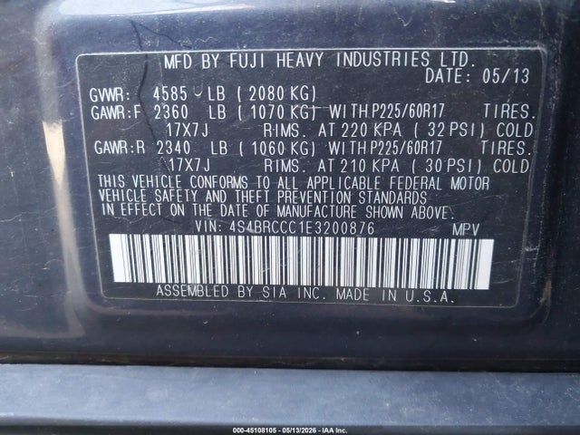 Продаж на аукціоні авто 2014 Subaru Outback 2.5i Premium, vin: 4S4BRCCC1E3200876, номер лоту: 45108105