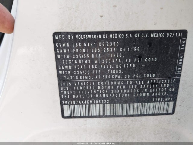 45108113 :رقم المزاد ، 3VV3B7AX4KM105122 vin ، 2019 Volkswagen Tiguan 2.0t Se/2.0t Sel/2.0t Sel R-line/2.0t Sel R-line Black مزاد بيع