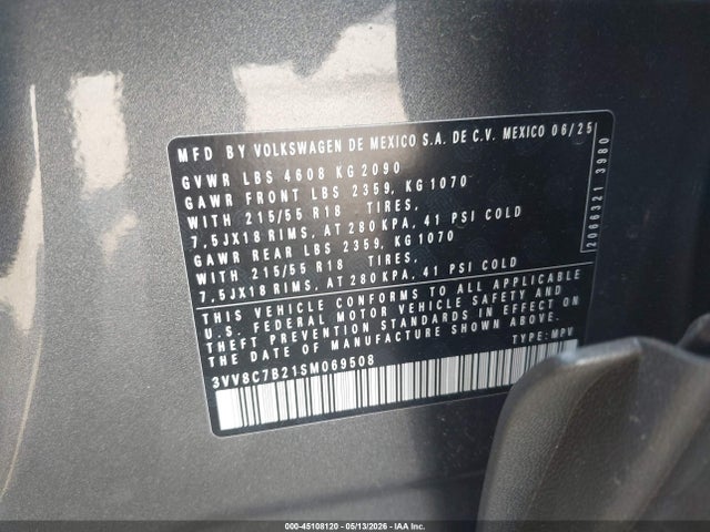 45108120 :رقم المزاد ، 3VV8C7B21SM069508 vin ، 2025 Volkswagen Taos 1.5t S مزاد بيع