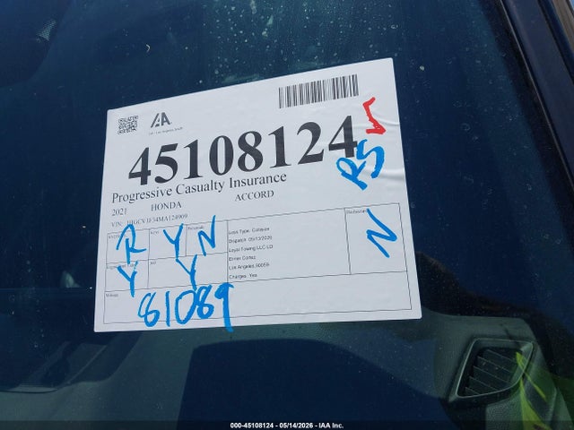 Продаж на аукціоні авто 2021 Honda Accord Sport, vin: 1HGCV1F34MA124909, номер лоту: 45108124