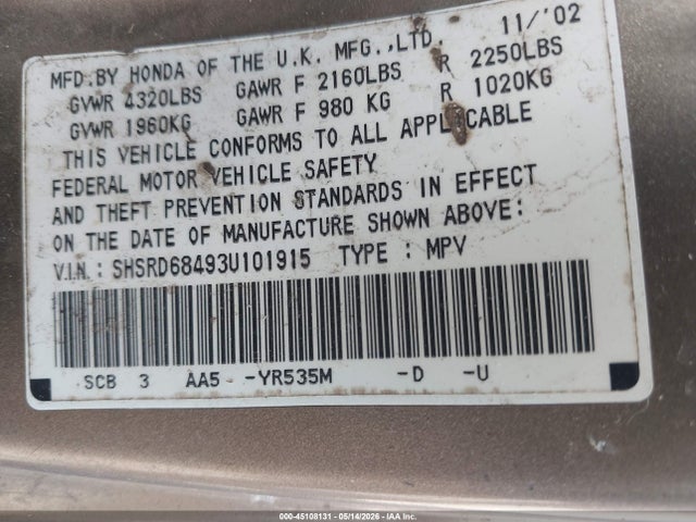 Aukcja sprzedaży 2003 Honda Cr-v Lx, vin: SHSRD68493U101915, numer aukcji: 45108131
