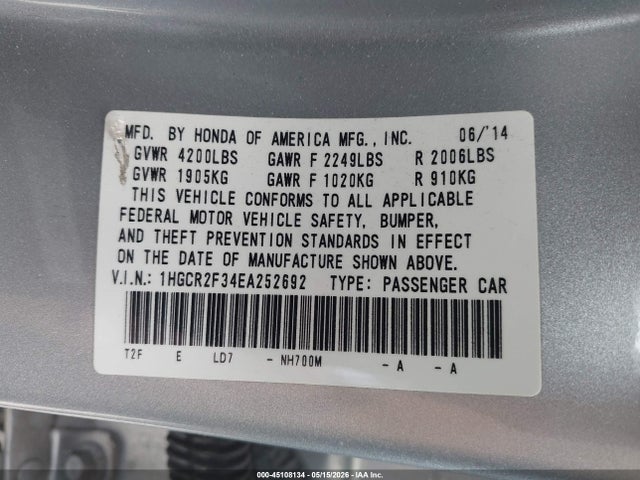 45108134 :رقم المزاد ، 1HGCR2F34EA252692 vin ، 2014 Honda Accord Lx مزاد بيع