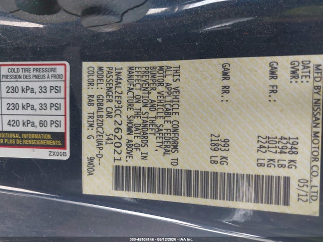 45108146 :رقم المزاد ، 1N4AL2EP3CC262021 vin ، 2012 Nissan Altima 2.5 S مزاد بيع