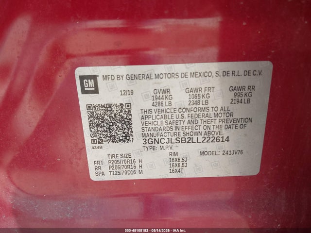 Продажа на аукционе авто 2020 Chevrolet Trax Fwd Lt, vin: 3GNCJLSB2LL222614, номер лота: 45108153