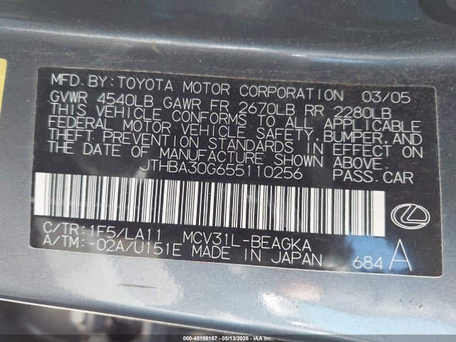 Продажа на аукционе авто 2005 Lexus Es 330, vin: JTHBA30G655110256, номер лота: 45108167