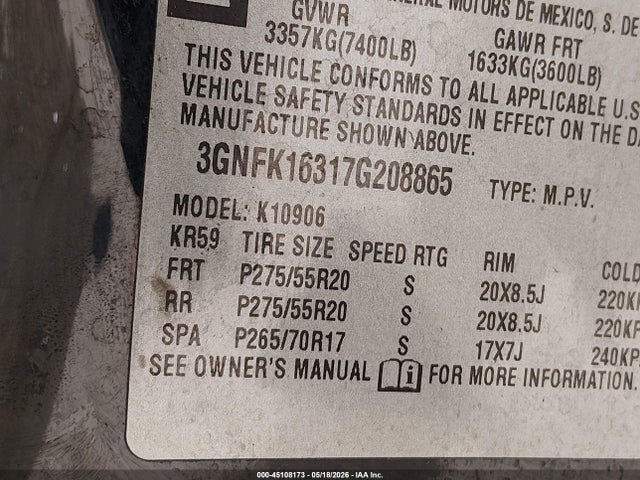 Продажа на аукционе авто 2007 Chevrolet Suburban 1500 Lt, vin: 3GNFK16317G208865, номер лота: 45108173