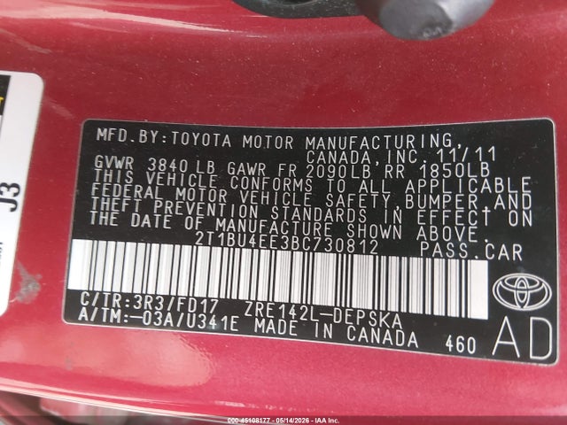 Aukcja sprzedaży 2011 Toyota Corolla S, vin: 2T1BU4EE3BC730812, numer aukcji: 45108177