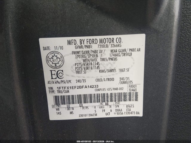 Продаж на аукціоні авто 2011 Ford F-150 Xlt, vin: 1FTFX1EF2BFA14233, номер лоту: 45108183