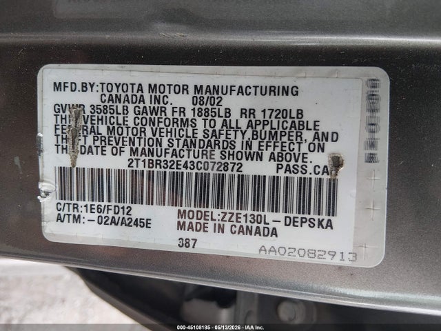 Aukcja sprzedaży 2003 Toyota Corolla S, vin: 2T1BR32E43C072872, numer aukcji: 45108185