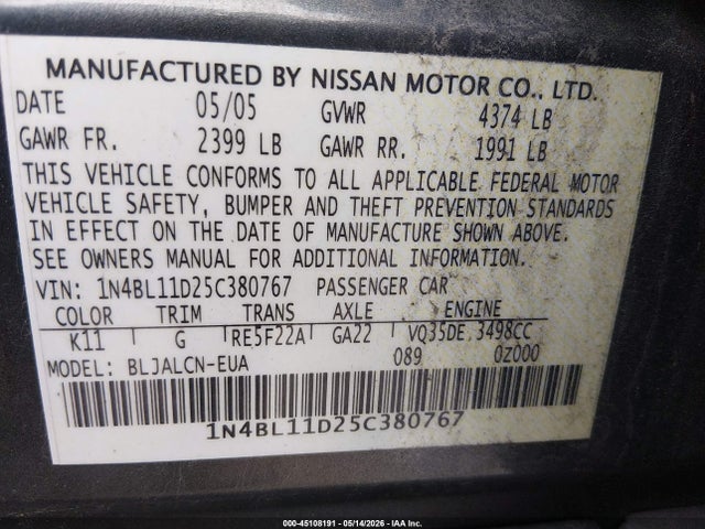 Aukcja sprzedaży 2005 Nissan Altima 3.5 Se, vin: 1N4BL11D25C380767, numer aukcji: 45108191