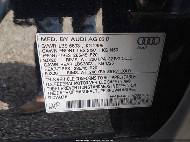 Продажа на аукционе авто 2017 Audi Q7 3.0t Premium, vin: WA1VAAF72HD057070, номер лота: 45108193