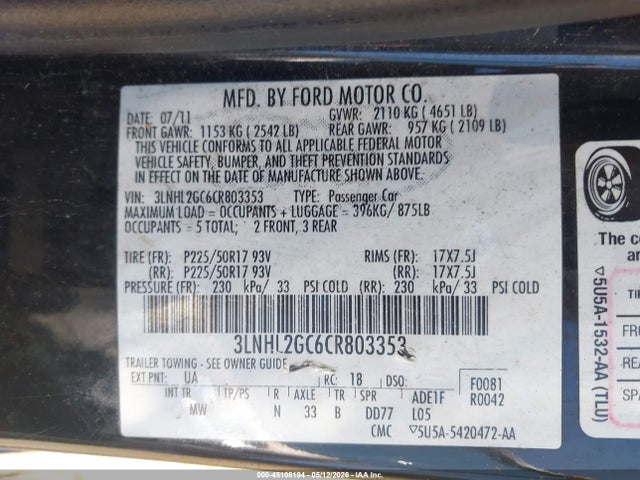 Продаж на аукціоні авто 2012 Lincoln Mkz, vin: 3LNHL2GC6CR803353, номер лоту: 45108194