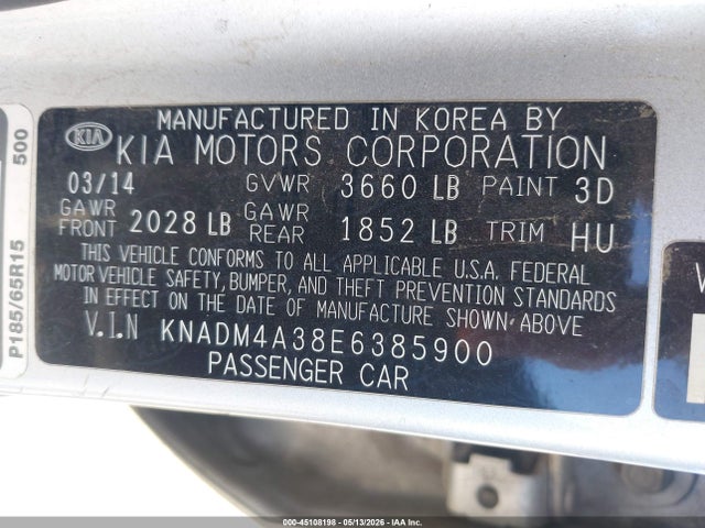 Auction sale of the 2014 Kia Rio Lx, vin: KNADM4A38E6385900, lot number: 45108198