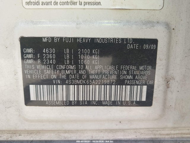Продаж на аукціоні авто 2010 Subaru Legacy 3.6r Limited, vin: 4S3BMDK65A2219872, номер лоту: 45108201