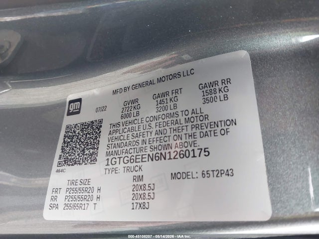2022 Gmc Canyon 4wd  Short Box Denali მანქანა იყიდება აუქციონზე, vin: 1GTG6EEN6N1260175, აუქციონის ნომერი: 45108207