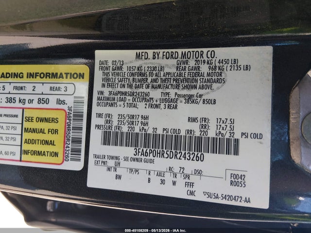 2013 Ford Fusion Se მანქანა იყიდება აუქციონზე, vin: 3FA6P0HR5DR243260, აუქციონის ნომერი: 45108209