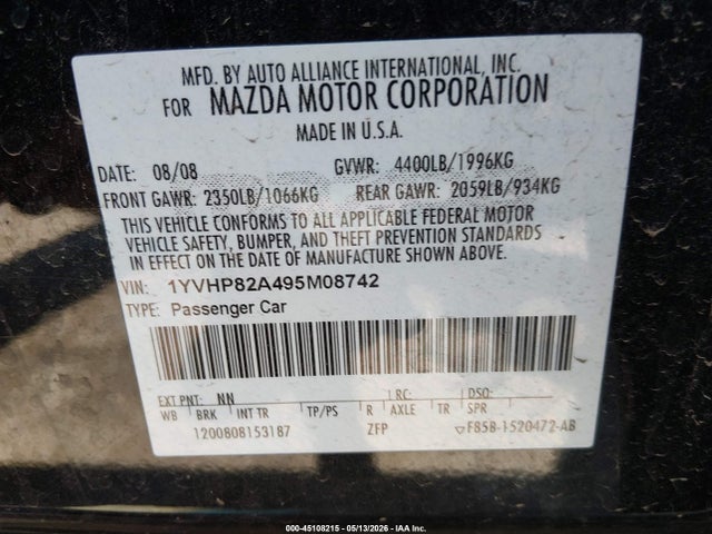 Auction sale of the 2009 Mazda Mazda6 I Touring, vin: 1YVHP82A495M08742, lot number: 45108215