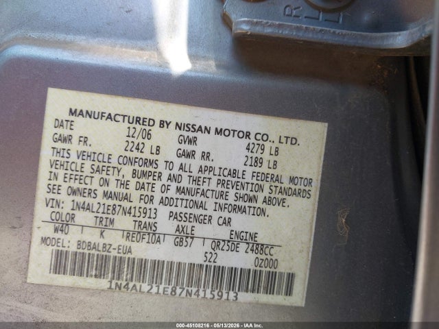 Aukcja sprzedaży 2007 Nissan Altima 2.5 S, vin: 1N4AL21E87N415913, numer aukcji: 45108216