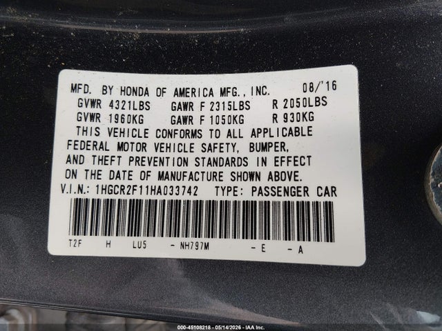 Продажа на аукционе авто 2017 Honda Accord Sport Se, vin: 1HGCR2F11HA033742, номер лота: 45108218