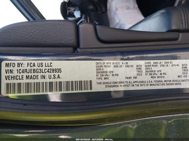 2020 Jeep Grand Cherokee Limited X 4x2 მანქანა იყიდება აუქციონზე, vin: 1C4RJEBG3LC428935, აუქციონის ნომერი: 45108220
