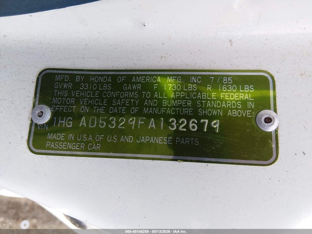 Продаж на аукціоні авто 1985 Honda Accord 1800, vin: 1HGAD5329FA132679, номер лоту: 45108259