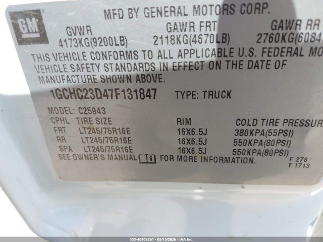 45108261 :رقم المزاد ، 1GCHC23D47F131847 vin ، 2007 Chevrolet Silverado 2500hd Classic Work Truck مزاد بيع