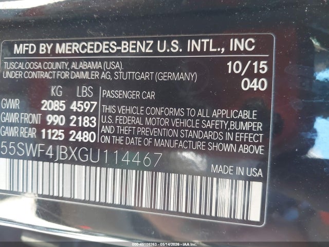 Aukcja sprzedaży 2016 Mercedes-benz C 300, vin: 55SWF4JBXGU114467, numer aukcji: 45108263