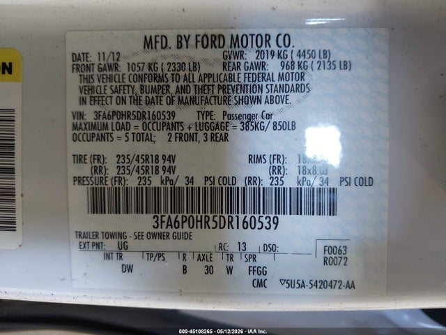 Aukcja sprzedaży 2013 Ford Fusion Se, vin: 3FA6P0HR5DR160539, numer aukcji: 45108265