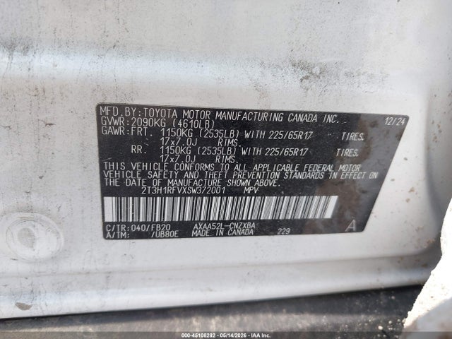 Aukcja sprzedaży 2025 Toyota Rav4 Le, vin: 2T3H1RFVXSW372001, numer aukcji: 45108282