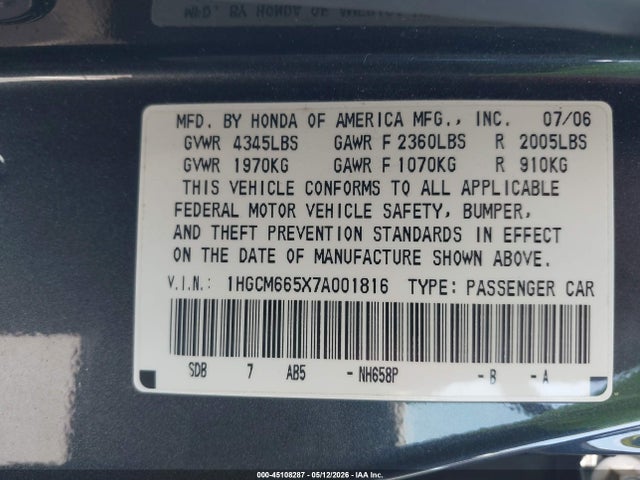 Продажа на аукционе авто 2007 Honda Accord 3.0 Ex, vin: 1HGCM665X7A001816, номер лота: 45108287