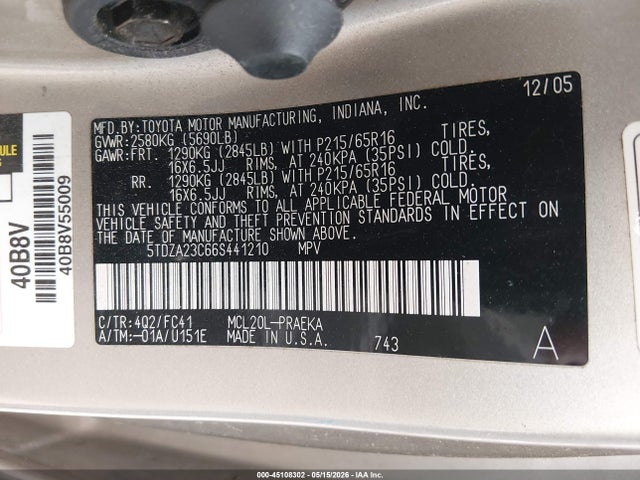 Aukcja sprzedaży 2006 Toyota Sienna Le, vin: 5TDZA23C66S441210, numer aukcji: 45108302