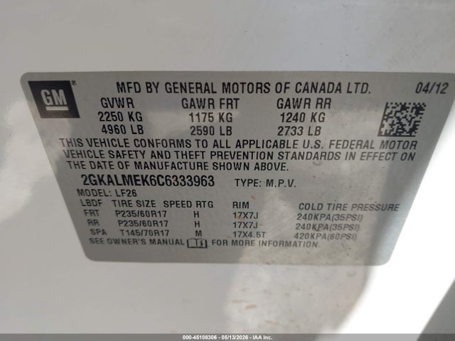 Aukcja sprzedaży 2012 Gmc Terrain Sle-1, vin: 2GKALMEK6C6333963, numer aukcji: 45108306
