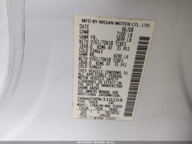 Продажа на аукционе авто 2009 Nissan Titan Xe, vin: 1N6BA07D09N310208, номер лота: 45108309