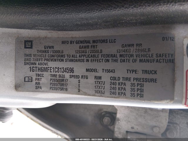 Aukcja sprzedaży 2012 Gmc Canyon Sle1, vin: 1GTH6MFE1C8134596, numer aukcji: 45108323