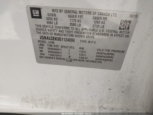45108325 :رقم المزاد ، 2GNALCEK9G1124099 vin ، 2016 Chevrolet Equinox Lt مزاد بيع