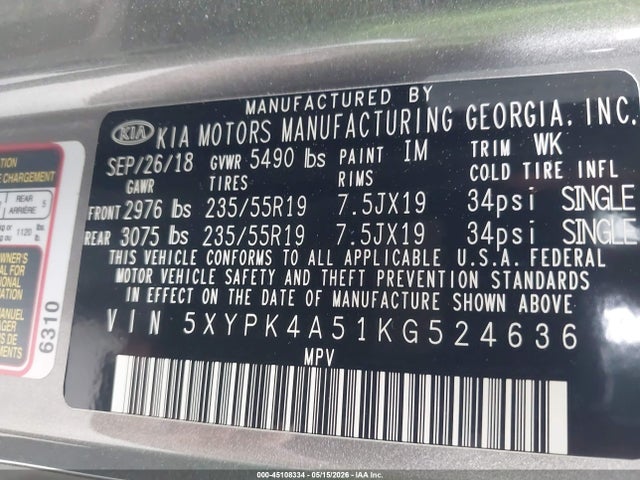 45108334 :رقم المزاد ، 5XYPK4A51KG524636 vin ، 2019 Kia Sorento 3.3l Sx مزاد بيع