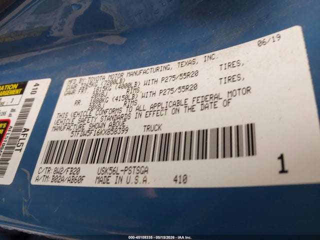 Продаж на аукціоні авто 2019 Toyota Tundra Sr5 5.7l V8, vin: 5TFDW5F16KX858399, номер лоту: 45108335