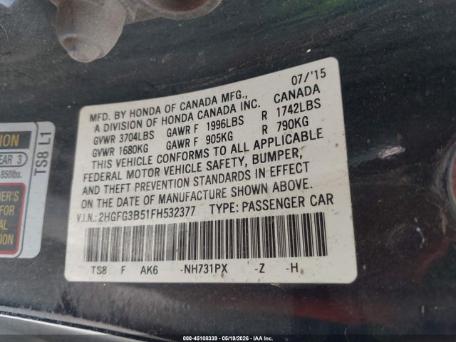 45108339 :رقم المزاد ، 2HGFG3B51FH532377 vin ، 2015 Honda Civic Lx مزاد بيع