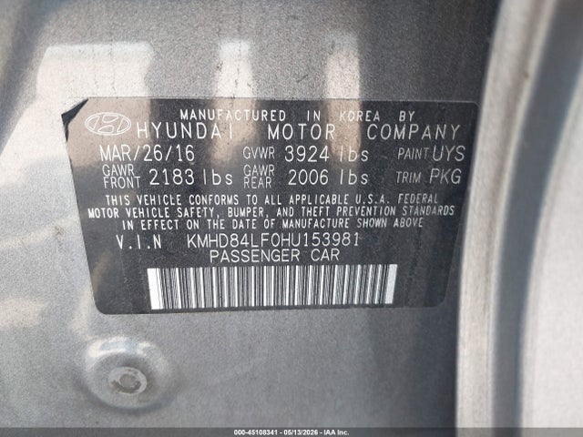 Aukcja sprzedaży 2017 Hyundai Elantra Se, vin: KMHD84LF0HU153981, numer aukcji: 45108341