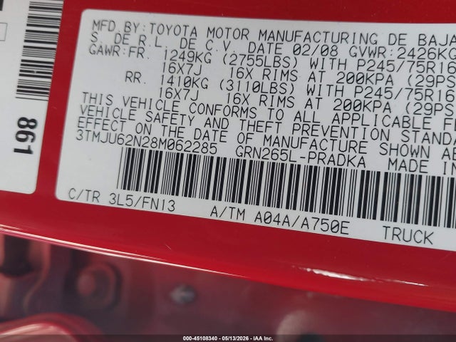 45108340 :رقم المزاد ، 3TMJU62N28M062285 vin ، 2008 Toyota Tacoma Prerunner V6 مزاد بيع